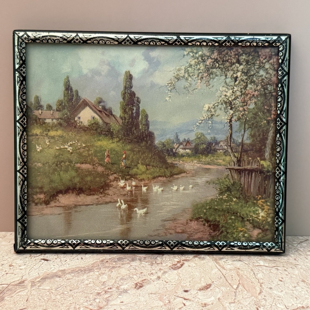 Art Deco Era Geese in a Stream Pastoral Landscape Print Wall Art Metal Frame 5x4